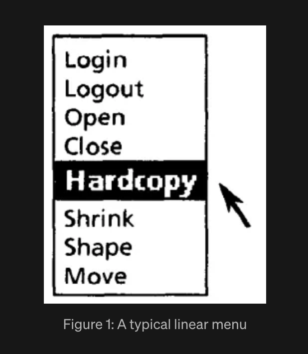 A typical linear menu with items stacked vertically